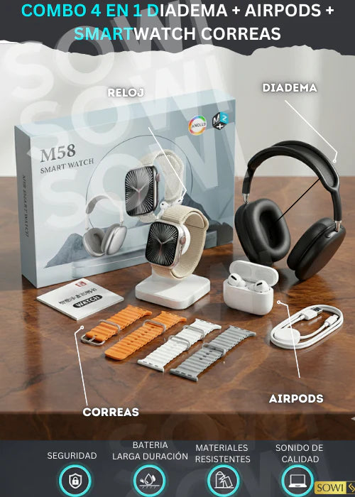 COMBO 4 EN 1 DIADEMA + AIRPODS + SMARTWATCH+ CORREAS🎁😍